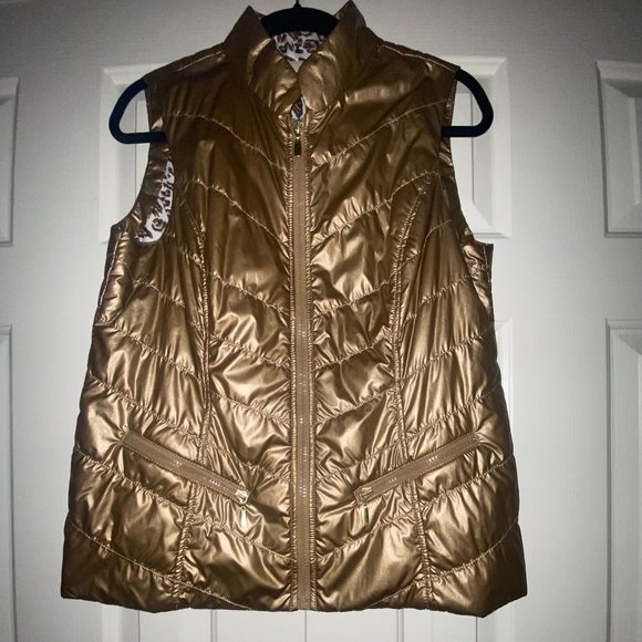 Chico's Gold Metallic Vest Leopard Print Lined 1 - Picture 1 of 7